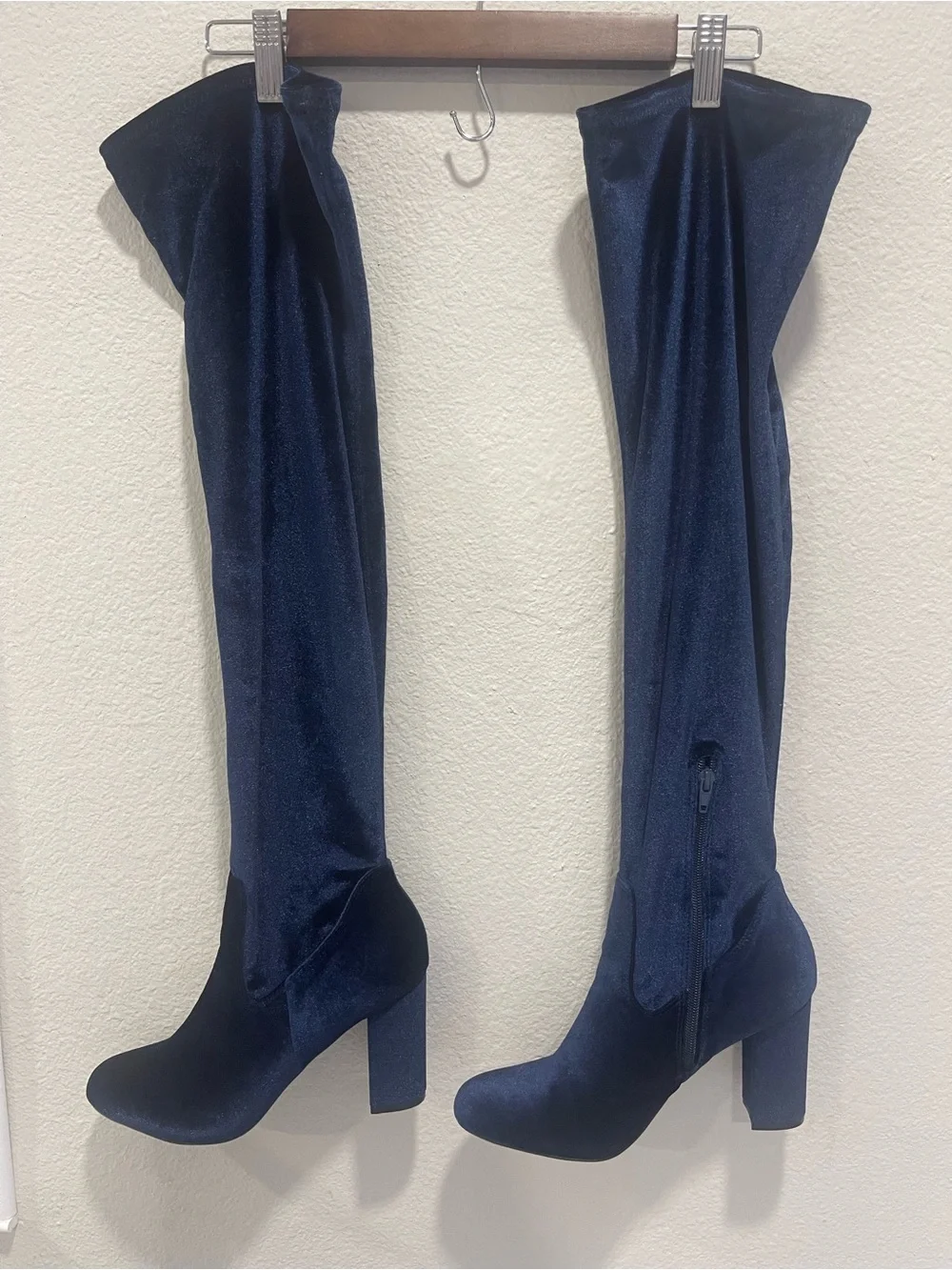 Madden Girl Over-the-Knee Velvet Block Heel Boots - Navy